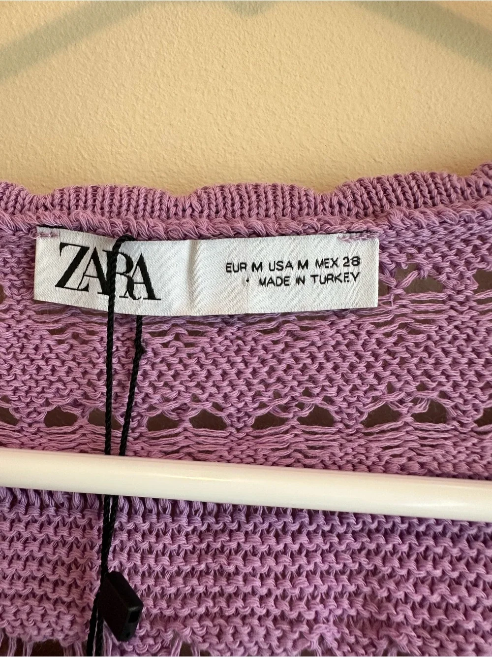 NWT Women’s M Zara Pointelle Knit Crochet Crop Sweater Purple Puff‎ Sleeves